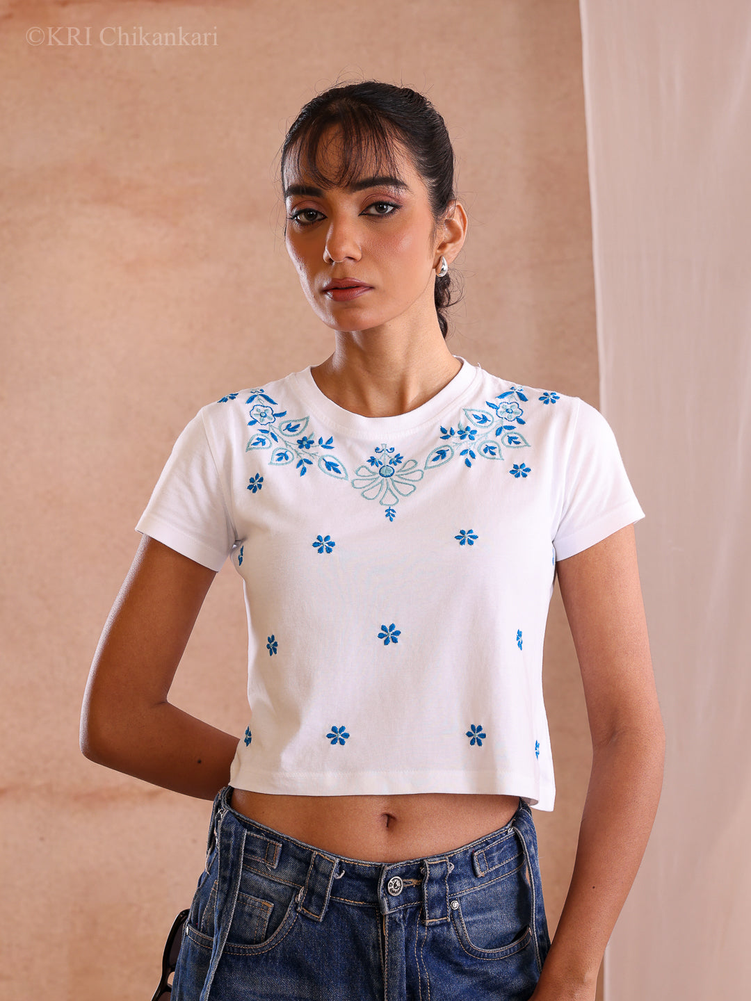 RENA BLUE COTTON CROP T-SHIRT