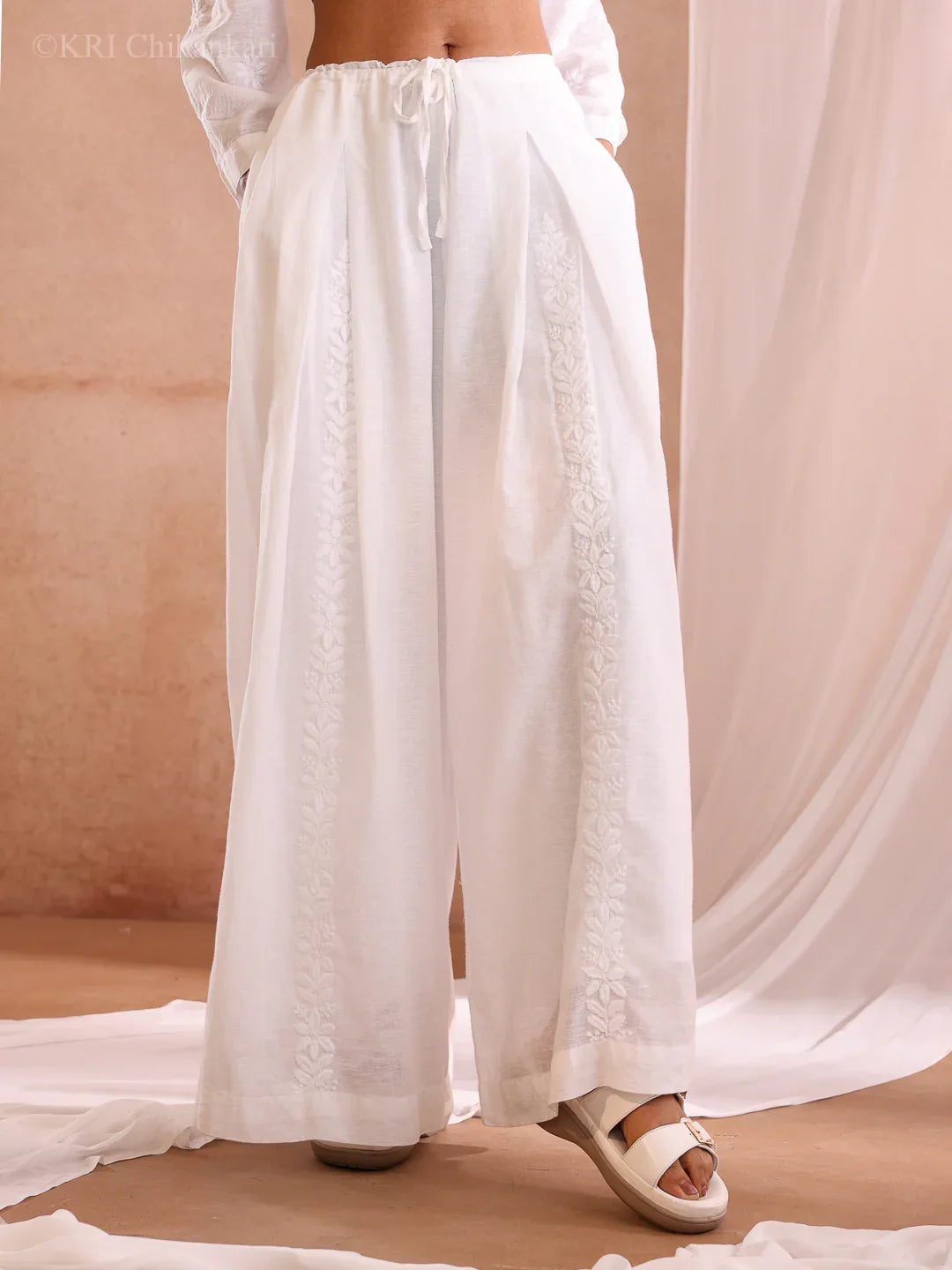 NIGAR WHITE LINEN BLEND KOREAN PANTS - KRI CHIKANKARI
