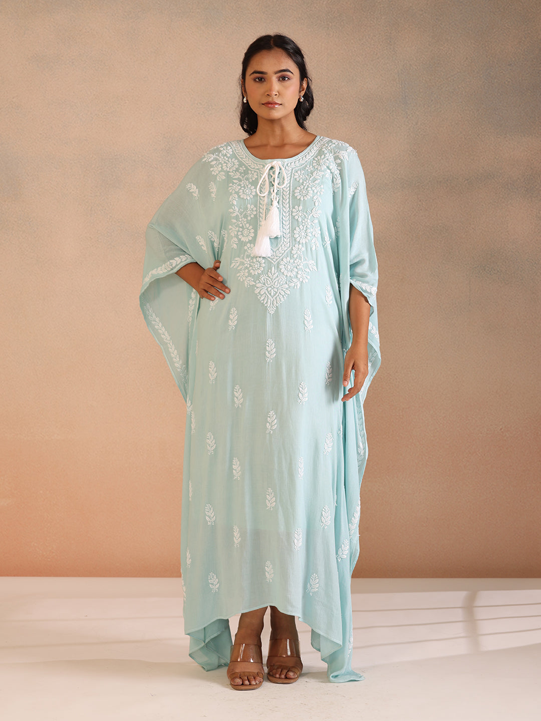 SAHILI Chikankari Sea Green Rayon Kaftan
