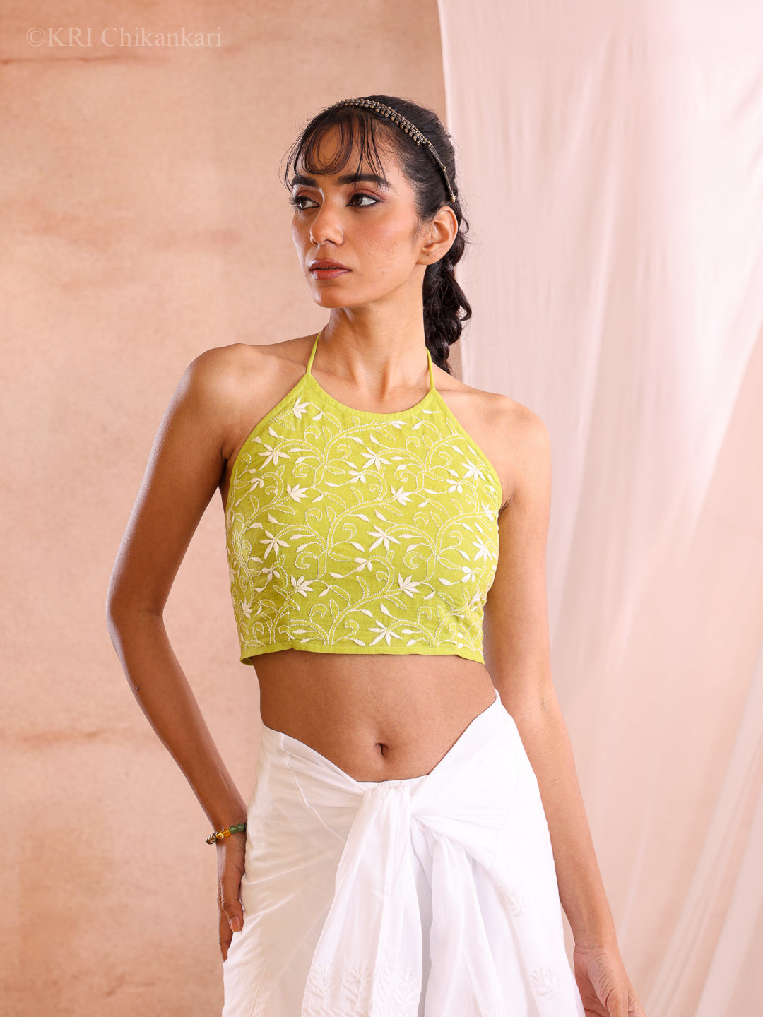ZARA NEON GREEN COTTON SLUB HALTER TOP