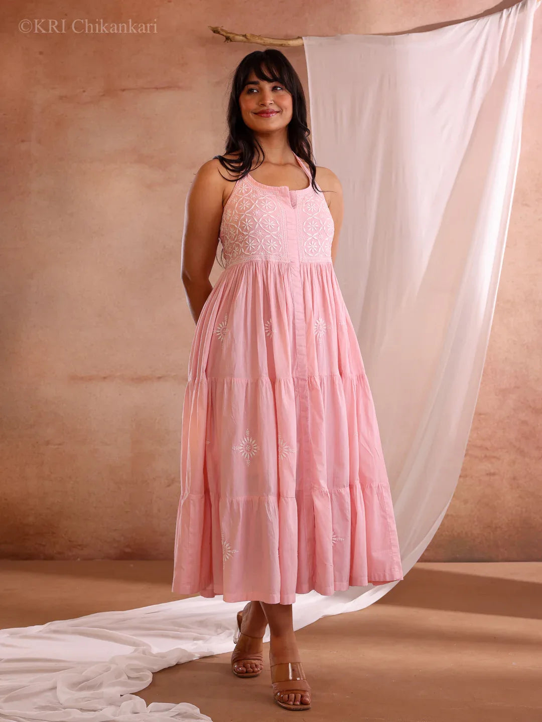 ELIRA PEACH COTTON DRESS - KRI CHIKANKARI