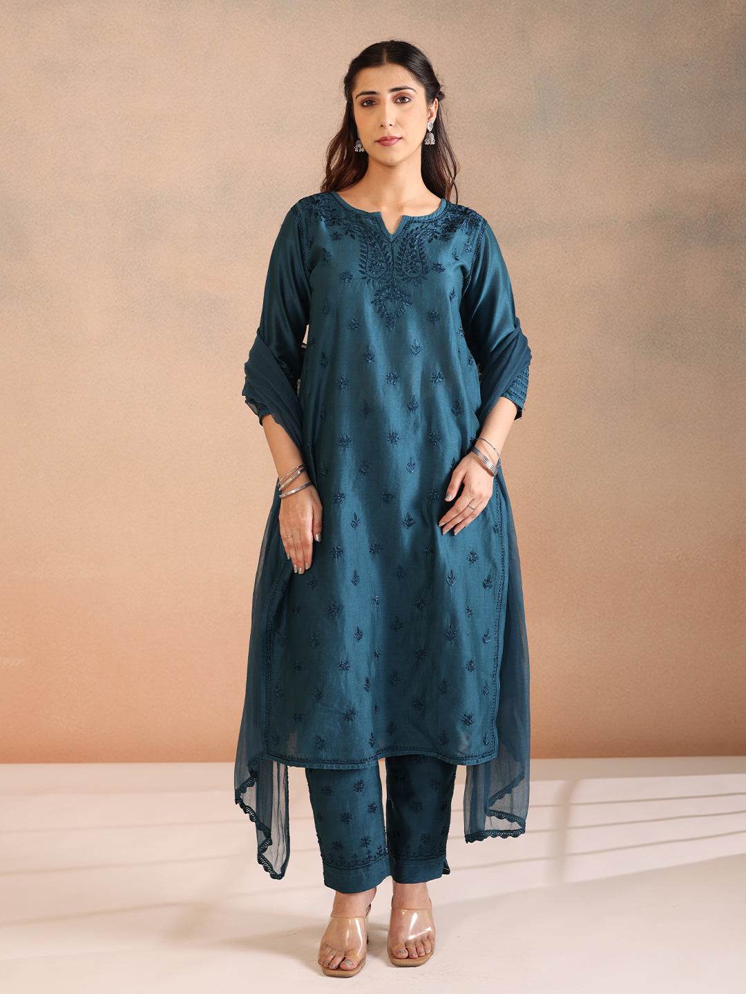 NEELAM CHANDERI KURTA - KRI CHIKANKARI