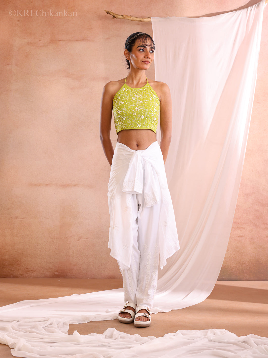 ZARA NEON GREEN COTTON SLUB HALTER TOP