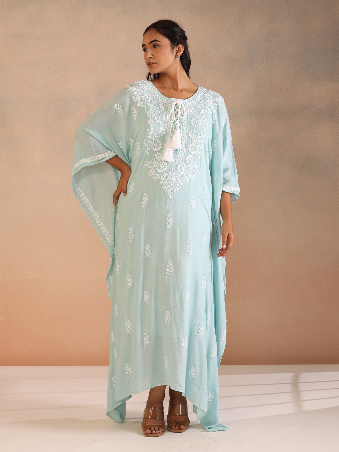 SAHILI Chikankari Sea Green Rayon Kaftan