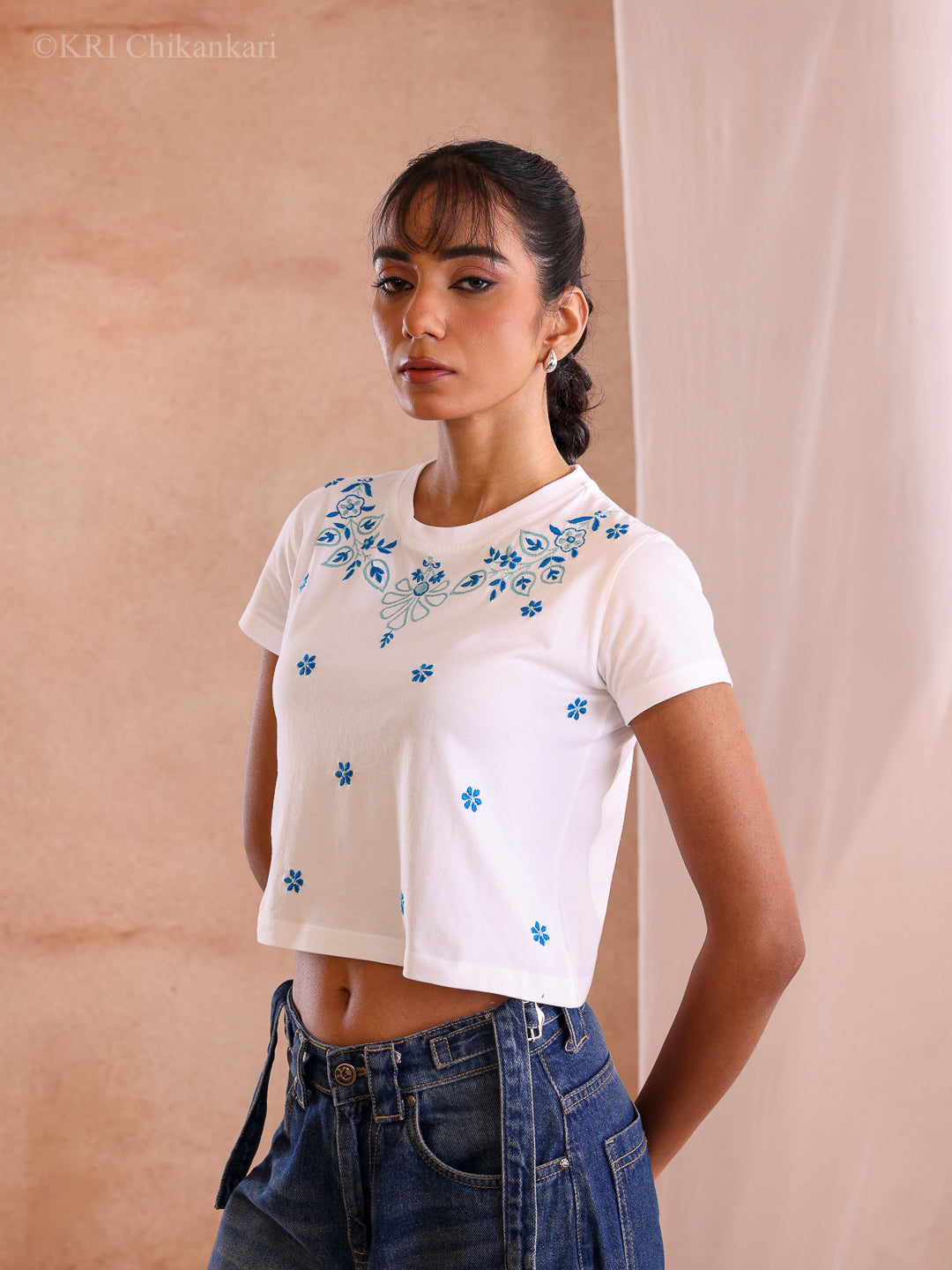 RENA BLUE COTTON CROP T-SHIRT