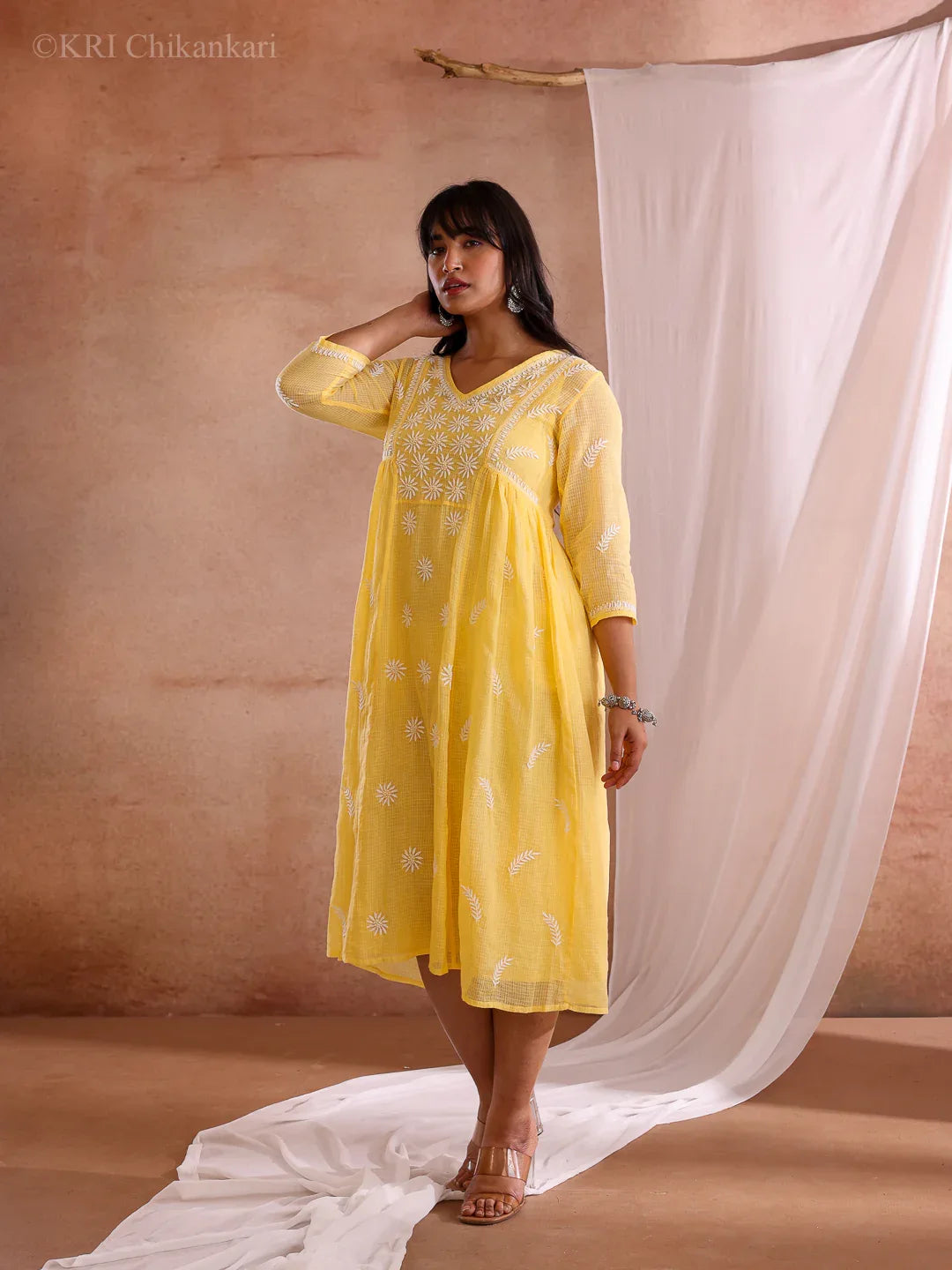 ADYA YELLOW KOTA DRESS - KRI CHIKANKARI