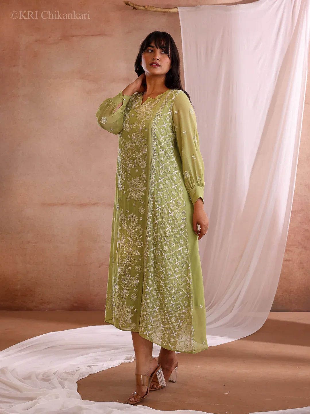 green chikankari dress RINA GEORGETTE – KRI CHIKANKARI Ruched bodice