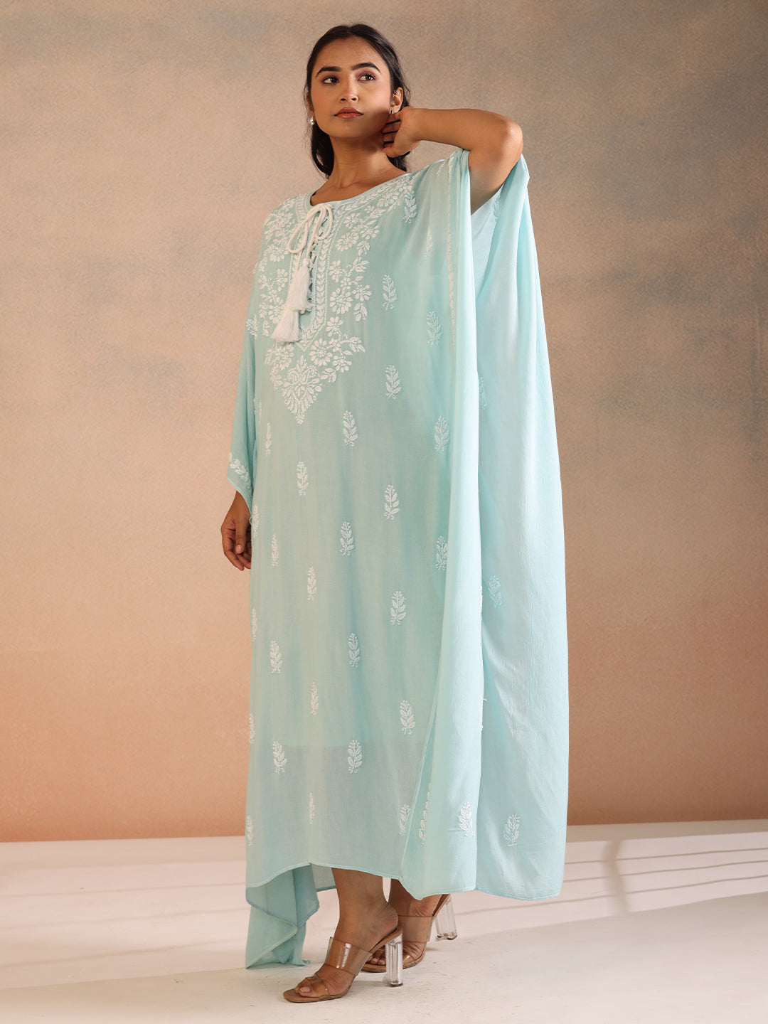 SAHILI Chikankari Sea Green Rayon Kaftan