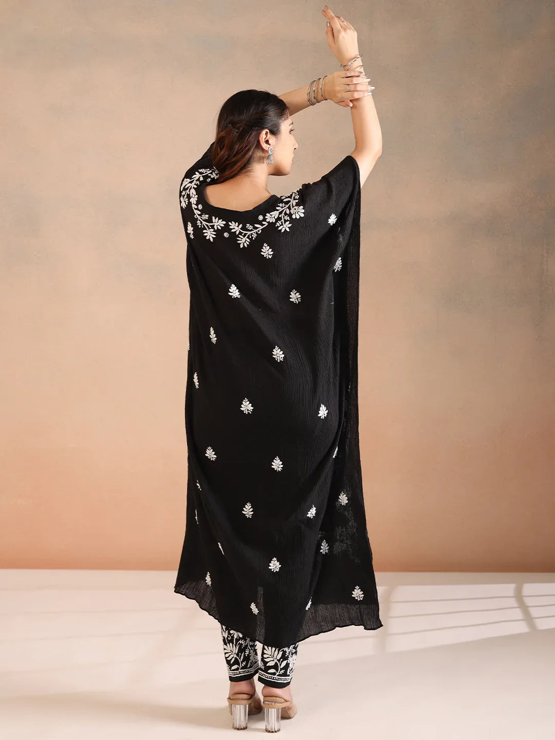 FAYA CRUSH COTTON BLACK KAFTAN - KRI CHIKANKARI