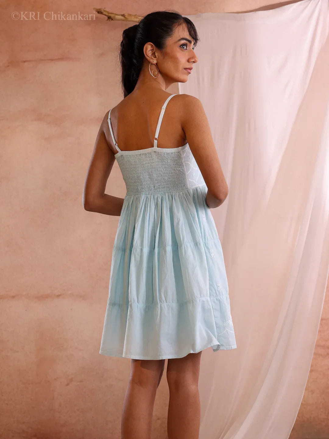 EHRA SKY BLUE COTTON MINI DRESS - KRI CHIKANKARI