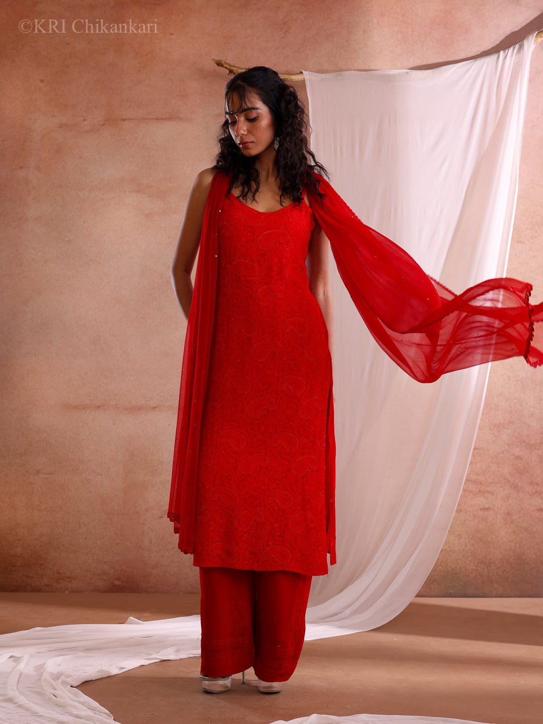 RUMI CHIKANKARI RED GEORGETTE KURTA