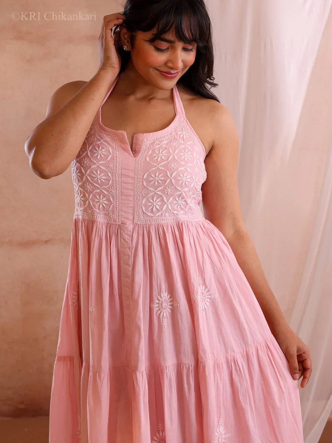 ELIRA PEACH COTTON DRESS - KRI CHIKANKARI