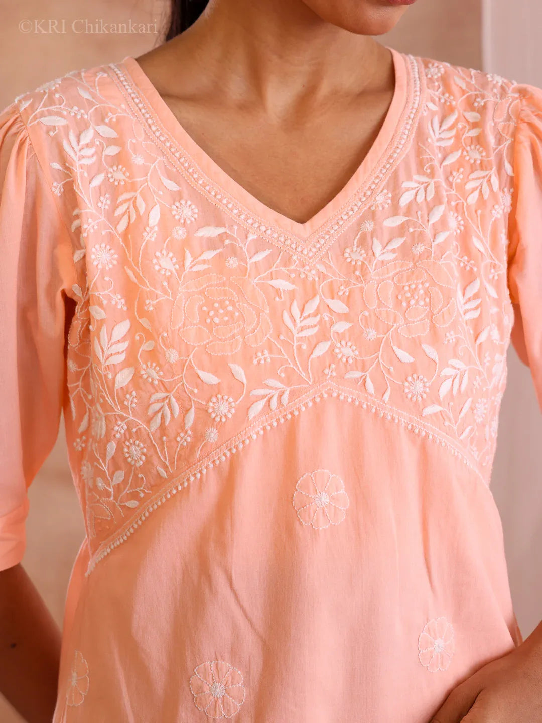 ROSHA PEACH COTTON SHORT DRESS - KRI CHIKANKARI