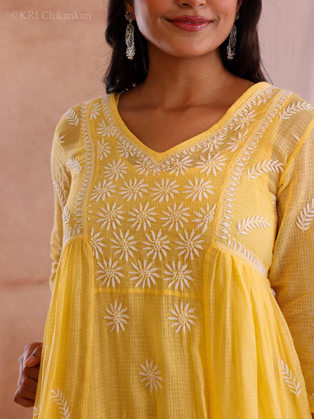 ADYA YELLOW KOTA DRESS - KRI CHIKANKARI