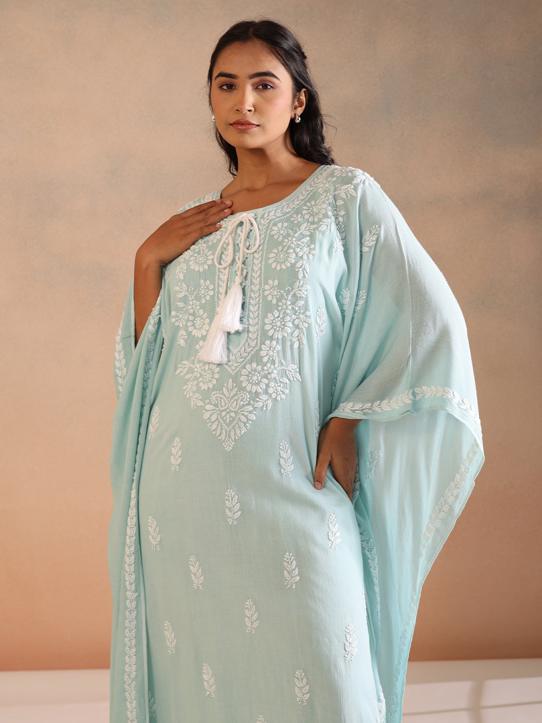 SAHILI Chikankari Sea Green Rayon Kaftan