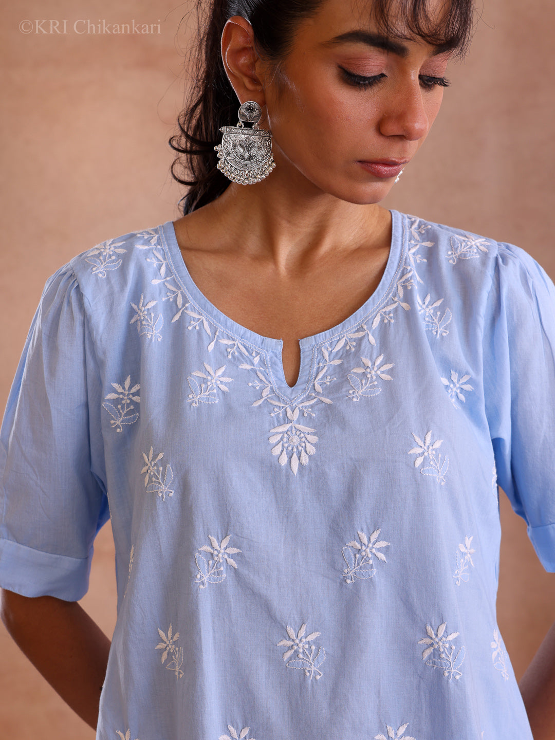 AFSHA ICE BLUE COTTON SHORT KURTA