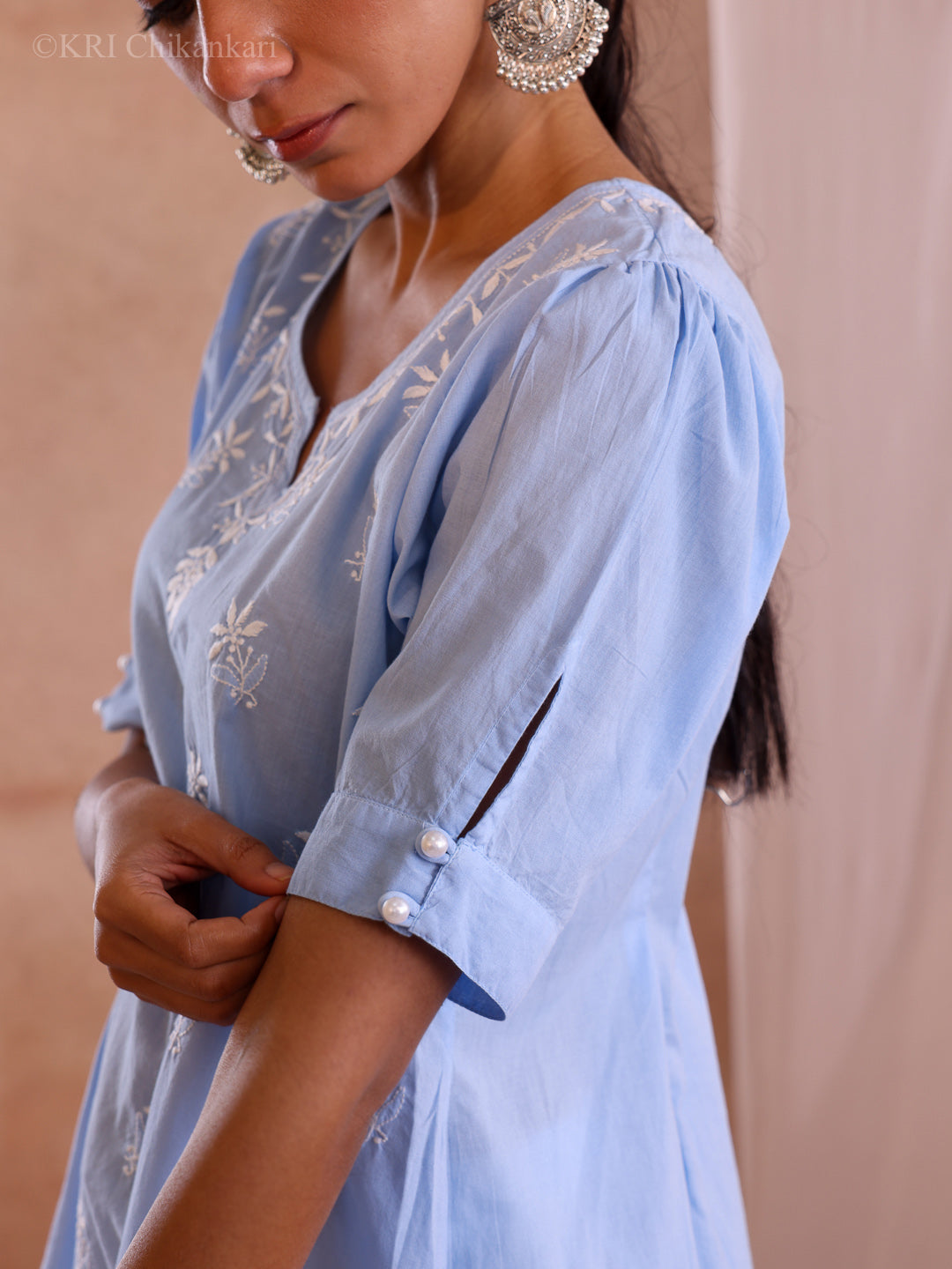 AFSHA ICE BLUE COTTON SHORT KURTA