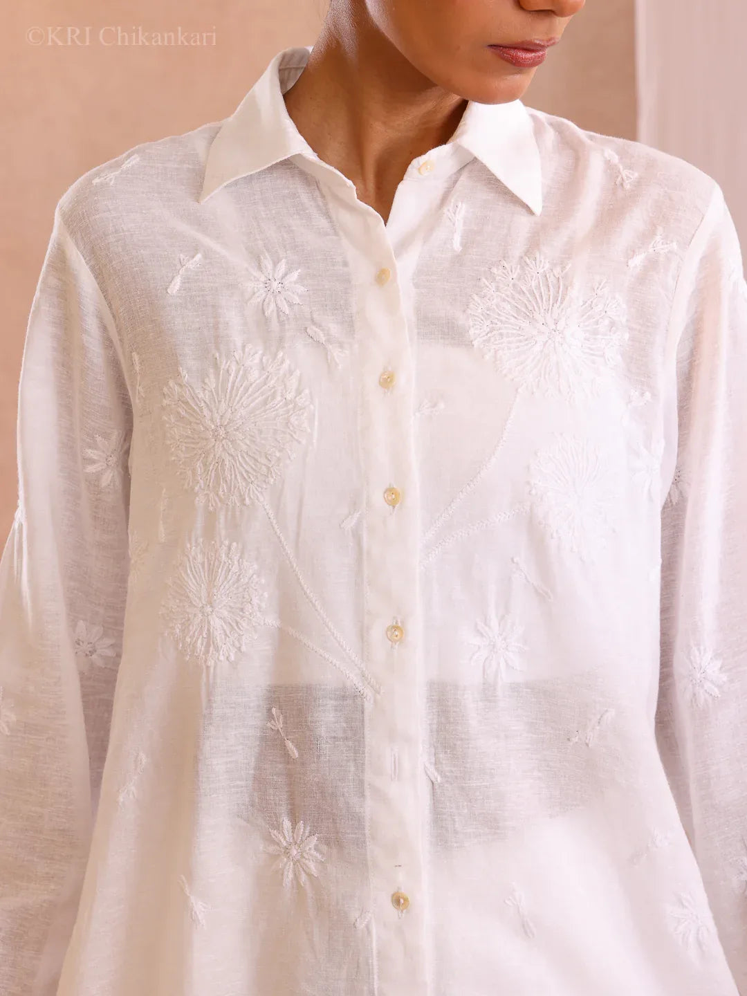 DELA WHITE COTTEN BLEND SHIRT - KRI CHIKANKARI