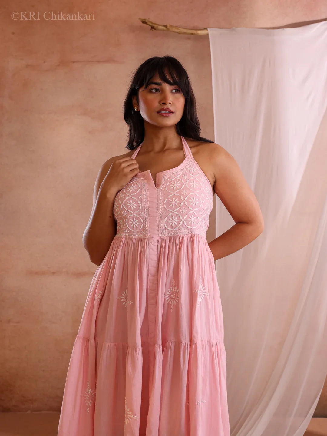 ELIRA PEACH COTTON DRESS - KRI CHIKANKARI