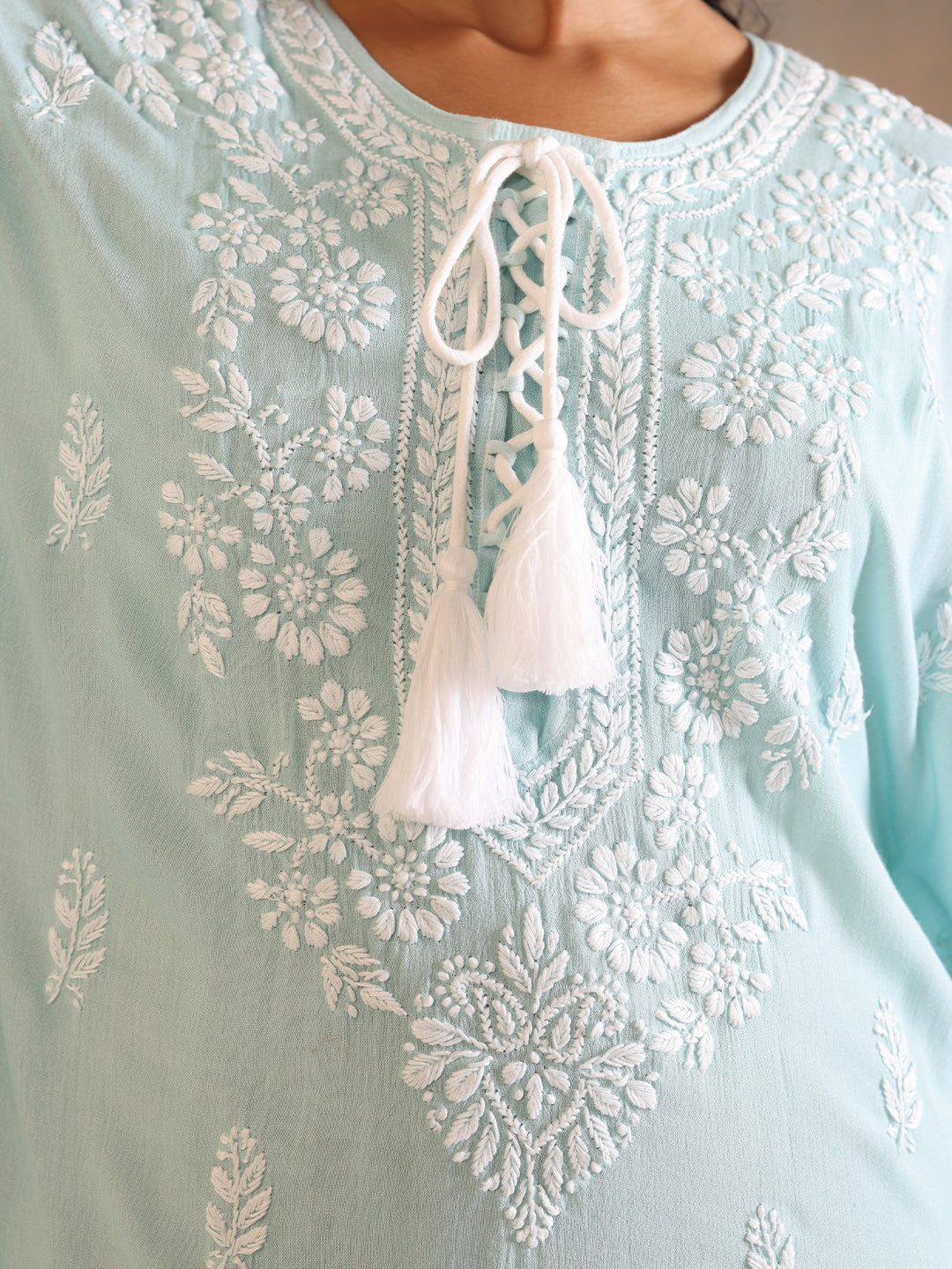 SAHILI Chikankari Sea Green Rayon Kaftan