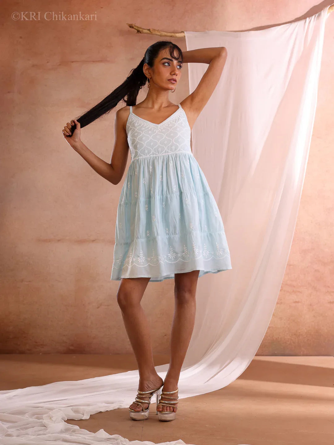 EHRA SKY BLUE COTTON MINI DRESS - KRI CHIKANKARI