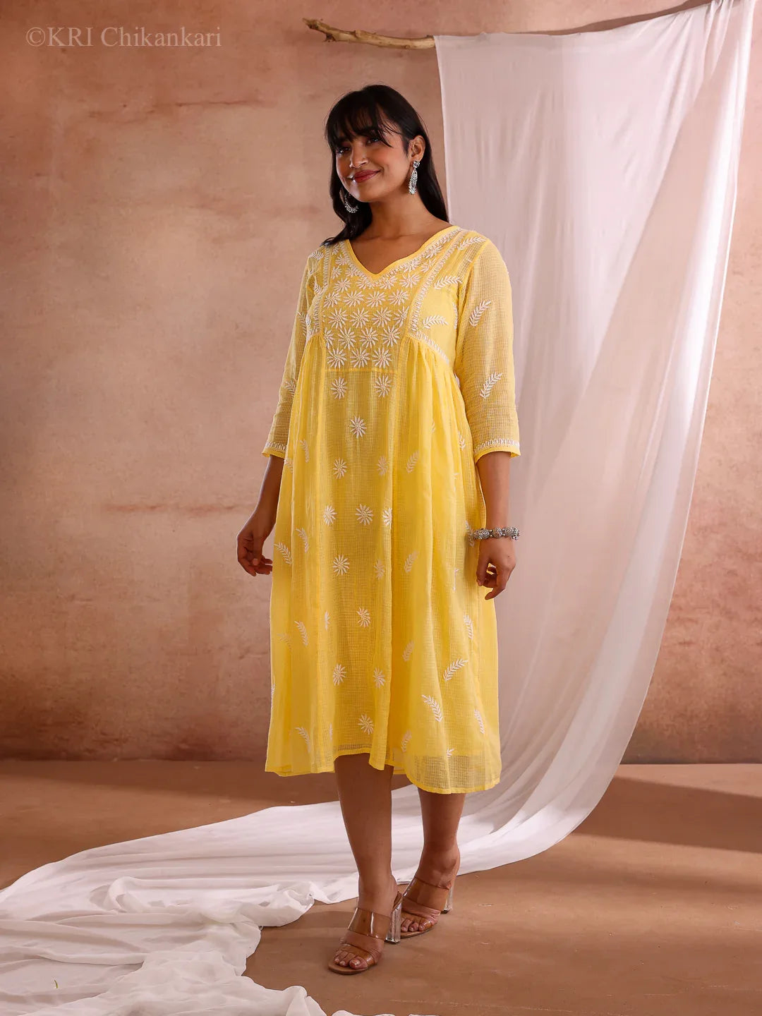 ADYA YELLOW KOTA DRESS - KRI CHIKANKARI