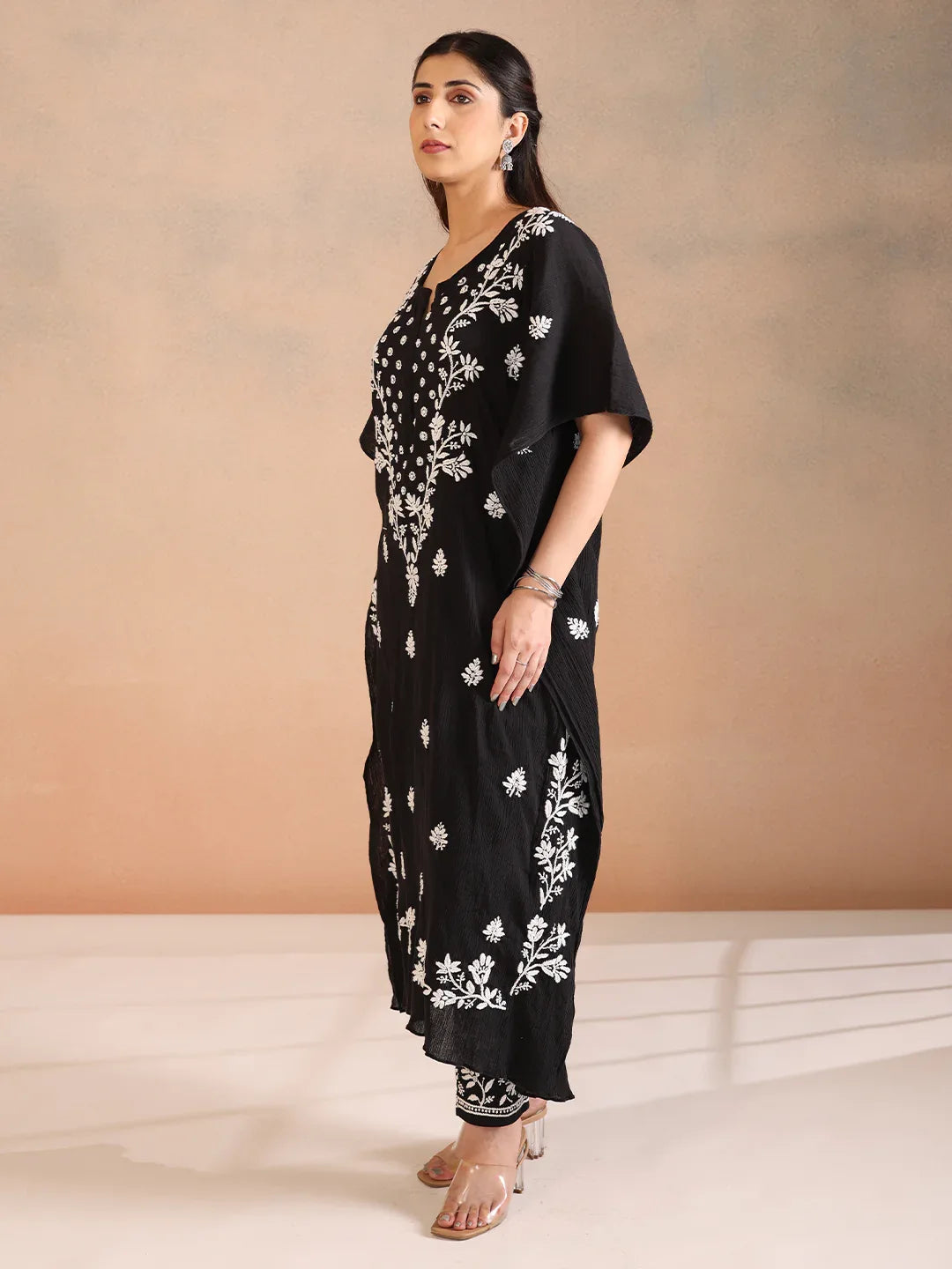 FAYA CRUSH COTTON BLACK KAFTAN - KRI CHIKANKARI