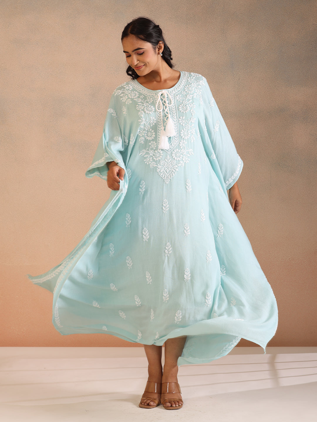 SAHILI Chikankari Sea Green Rayon Kaftan
