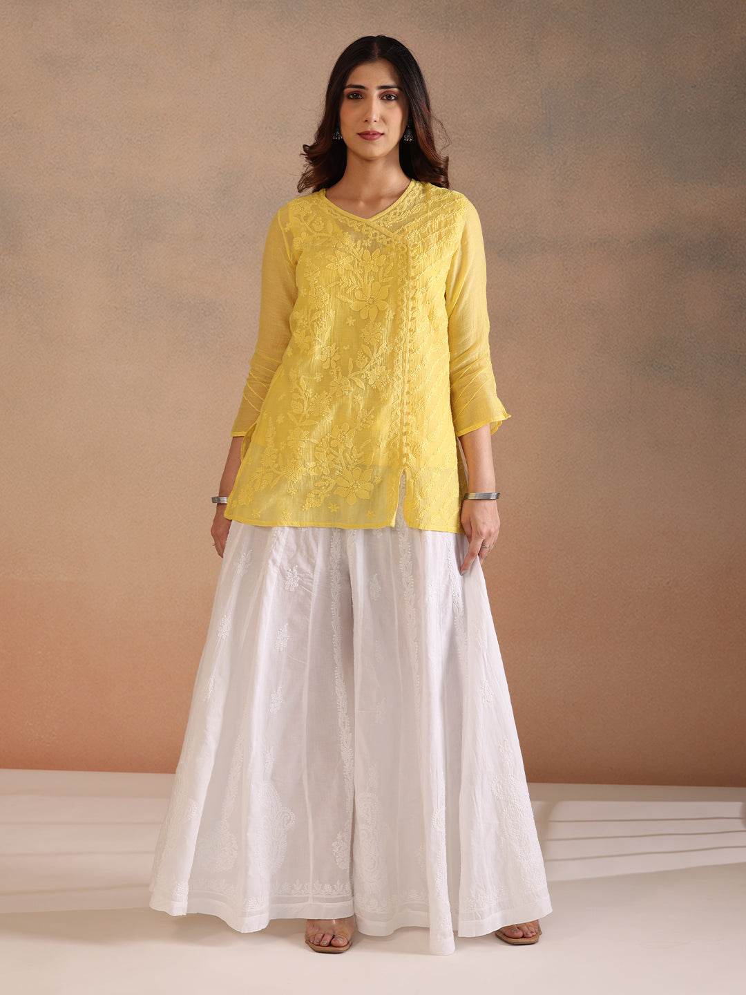 ZARQA MUL CHANDERI TOP - KRI CHIKANKARI