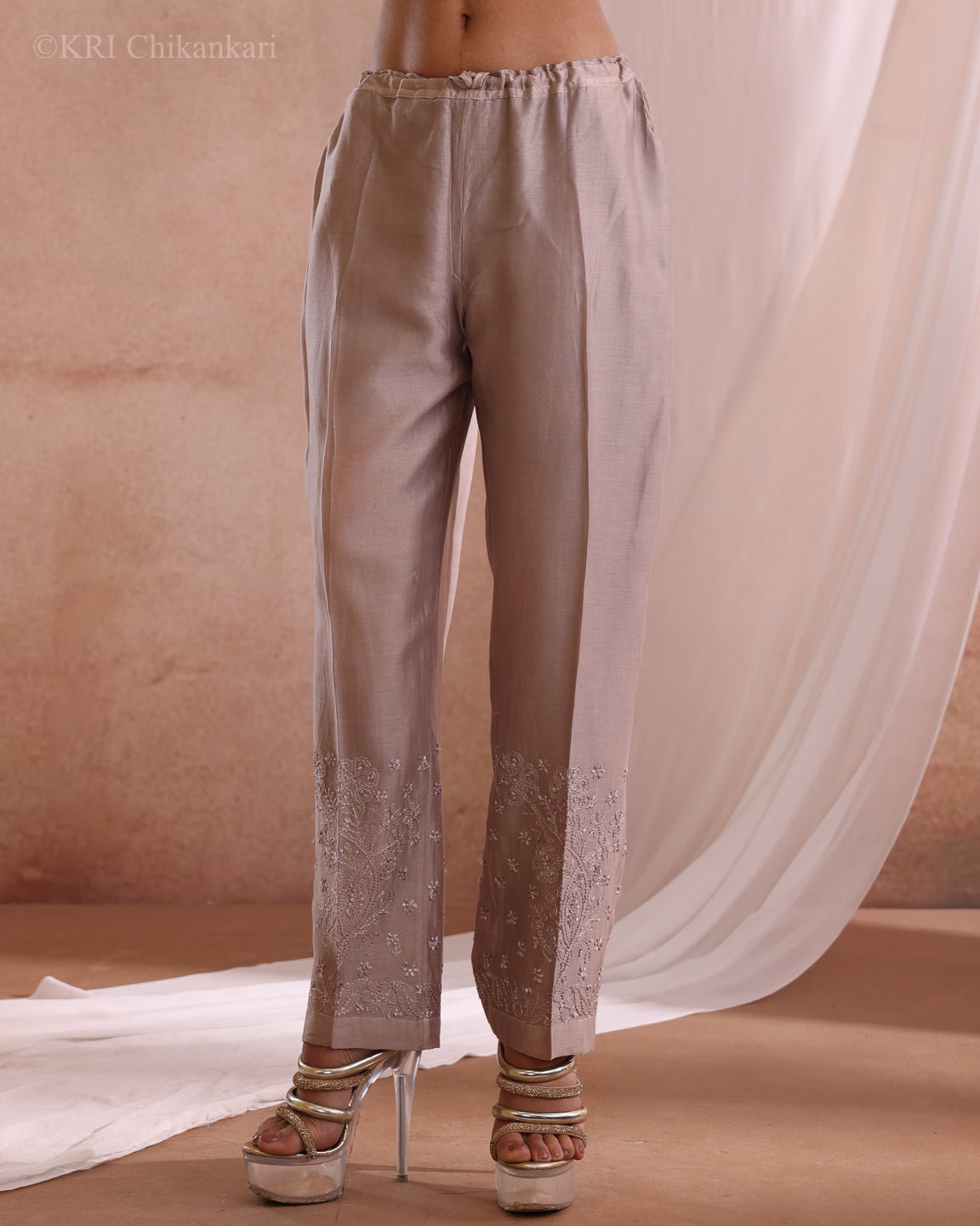 MILI CHIKANKARI DUSTY BROWN CHANDERI PANTS