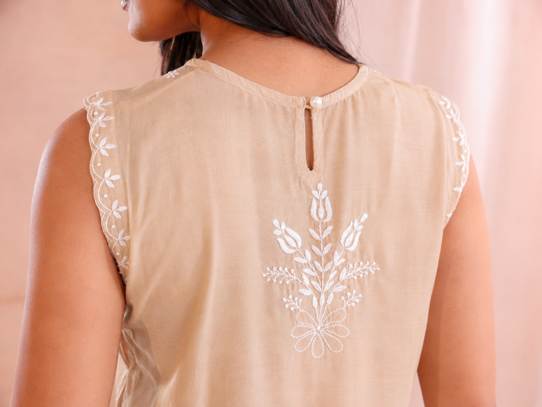 AIRA CHIKANKARI BEIGE MUSLIN BIB TOP