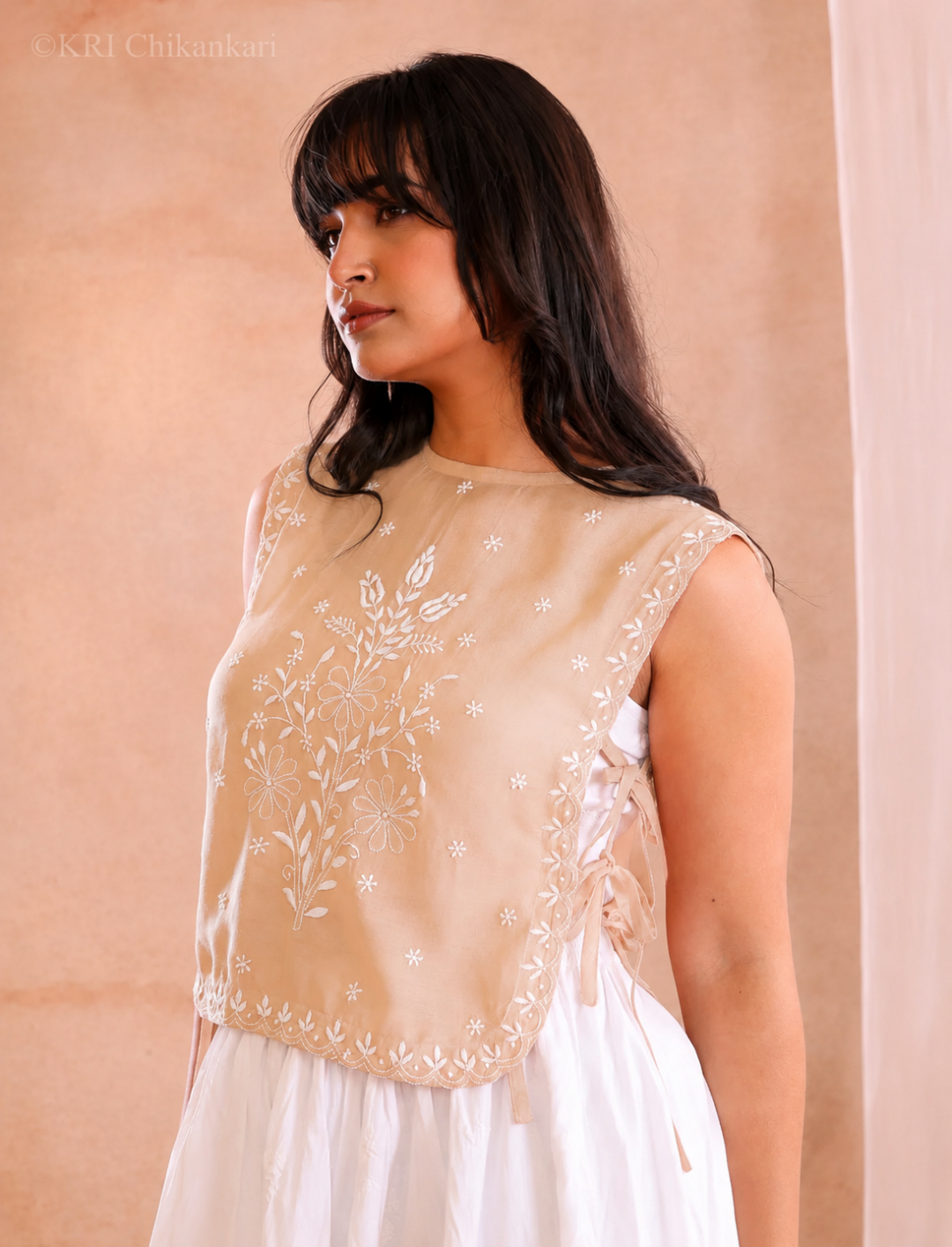 AIRA CHIKANKARI BEIGE MUSLIN BIB TOP
