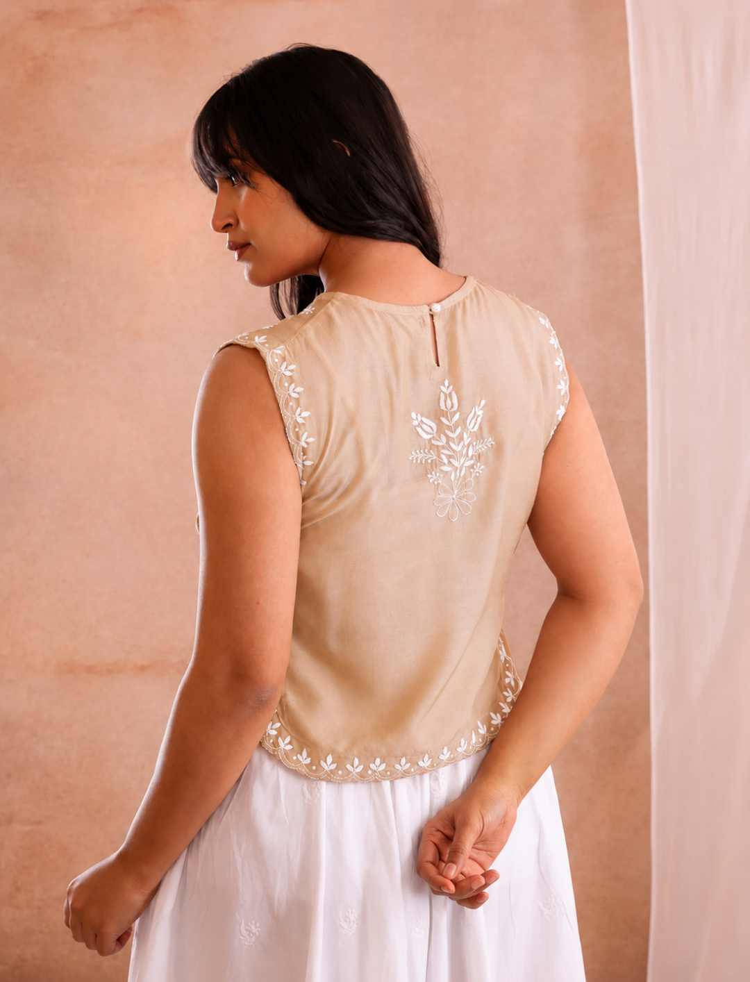 AIRA CHIKANKARI BEIGE MUSLIN BIB TOP