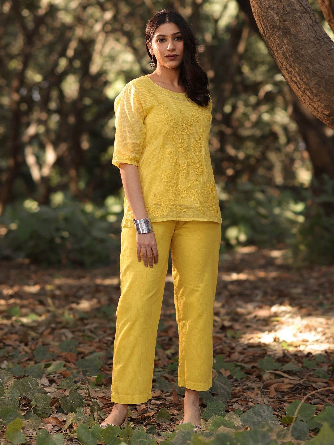 ARCHI Chikankari Kota Yellow Co-ord Set - KRI CHIKANKARI