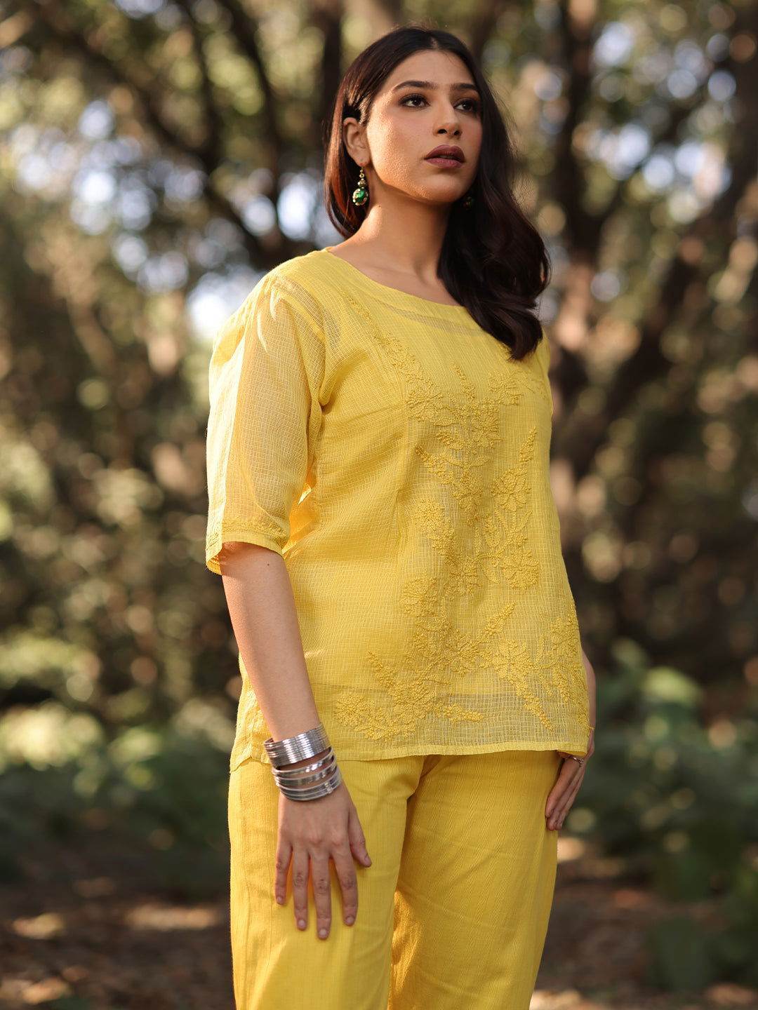 ARCHI Chikankari Kota Yellow Co-ord Set - KRI CHIKANKARI