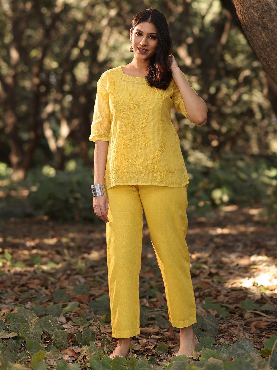 ARCHI Chikankari Kota Yellow Co-ord Set - KRI CHIKANKARI
