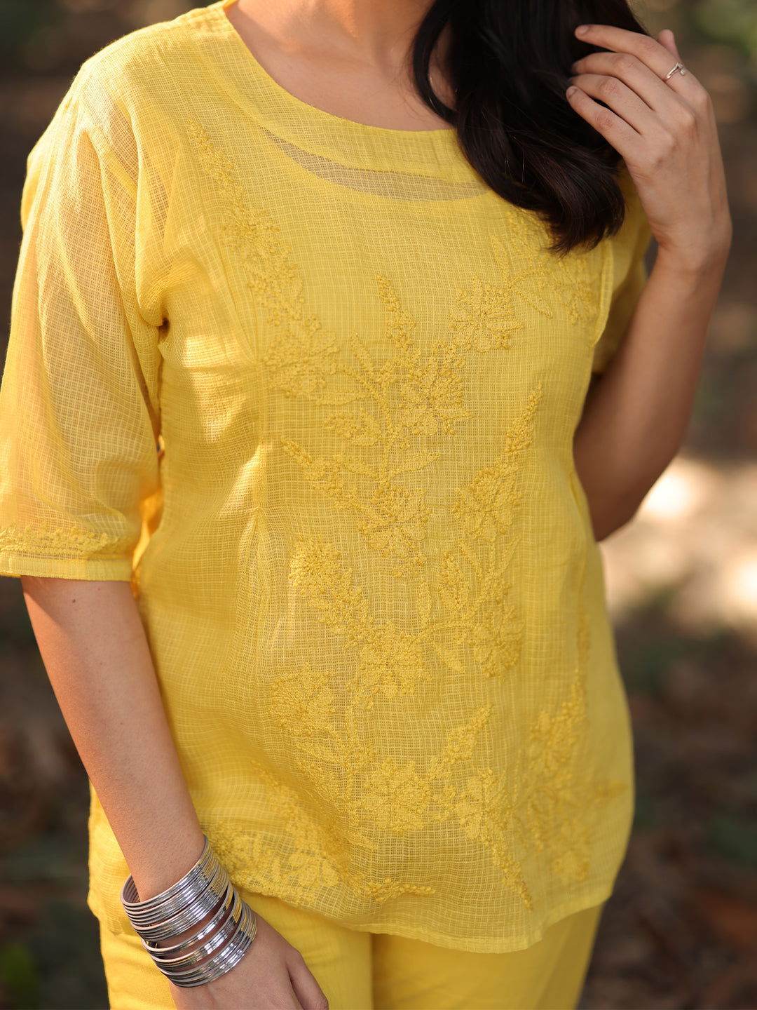 ARCHI Chikankari Kota Yellow Co-ord Set - KRI CHIKANKARI