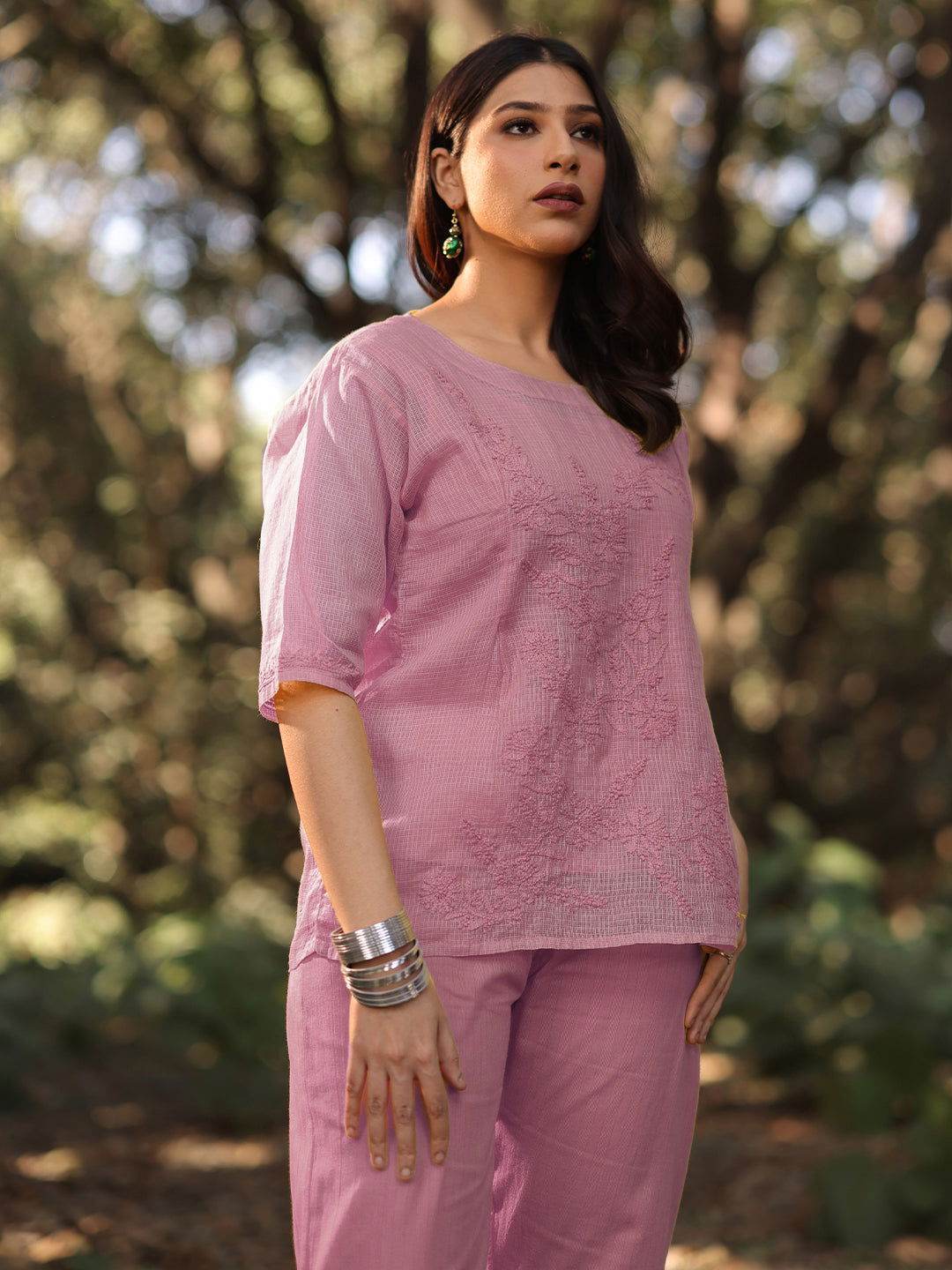 ARCHI Chikankari Kota Pink Co-ord Set - KRI CHIKANKARI