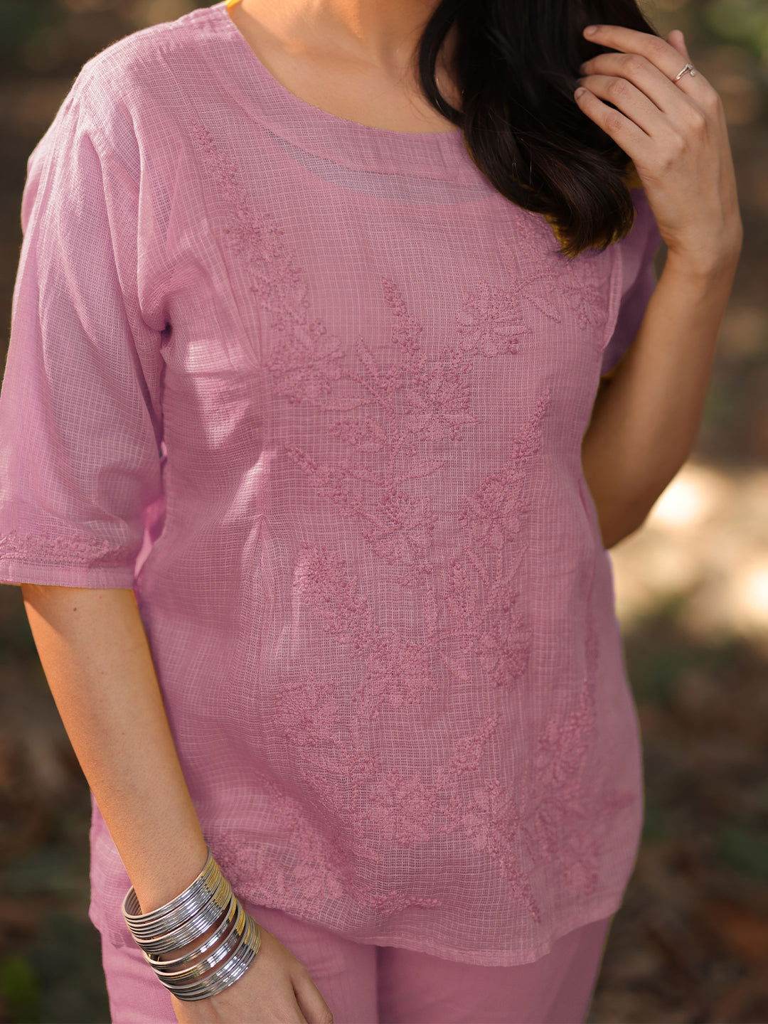 ARCHI Chikankari Kota Pink Co-ord Set - KRI CHIKANKARI