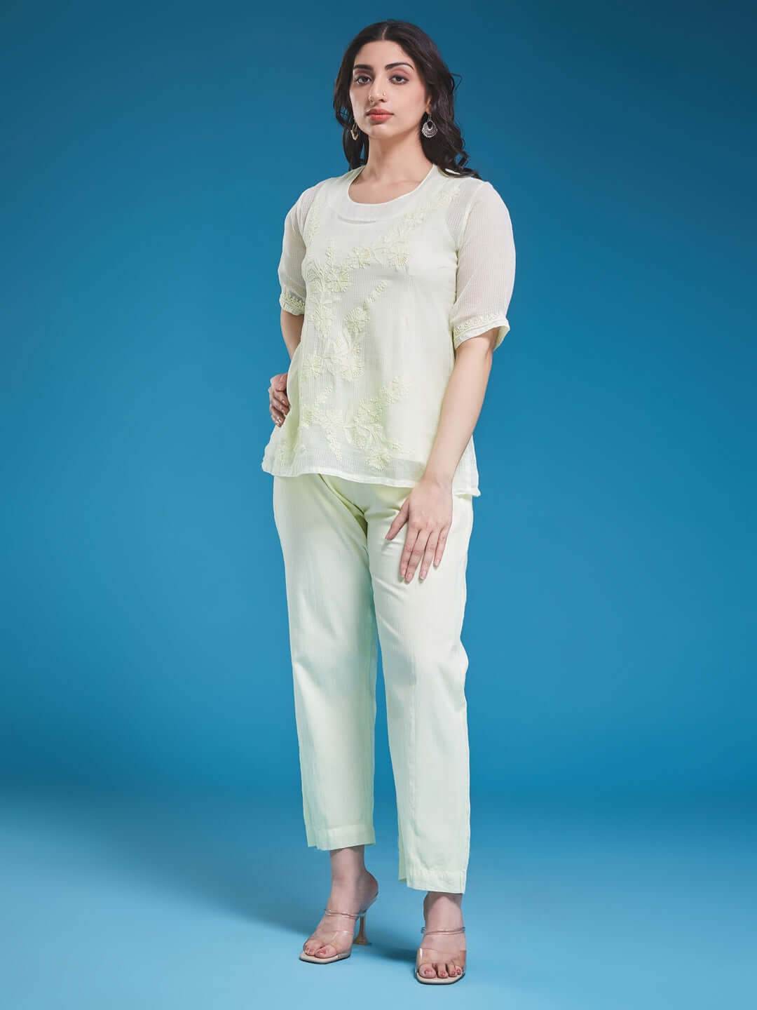 ARCHI Chikankari Kota Pista Green Co-ord Set - KRI CHIKANKARI