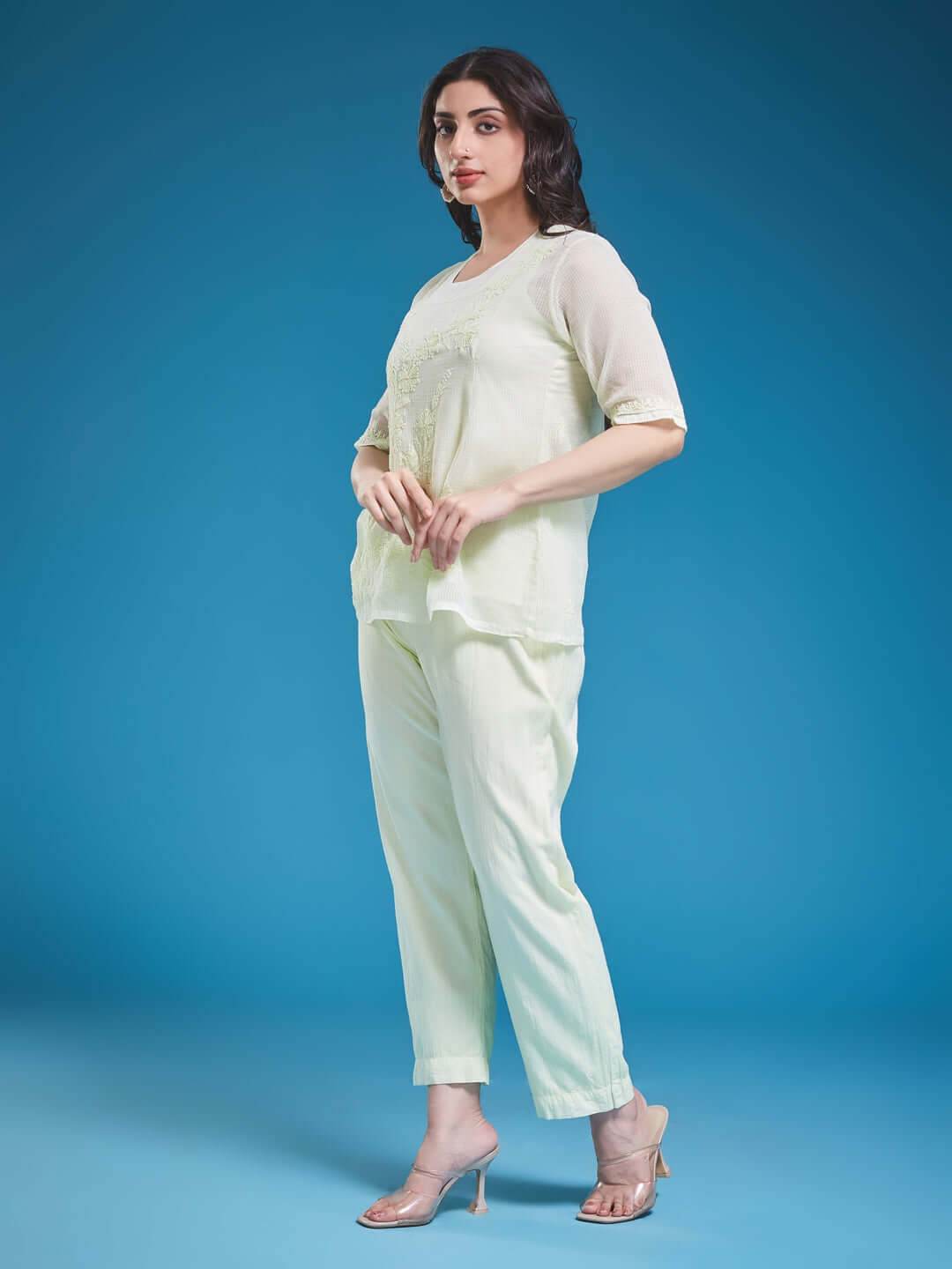 ARCHI Chikankari Kota Pista Green Co-ord Set - KRI CHIKANKARI