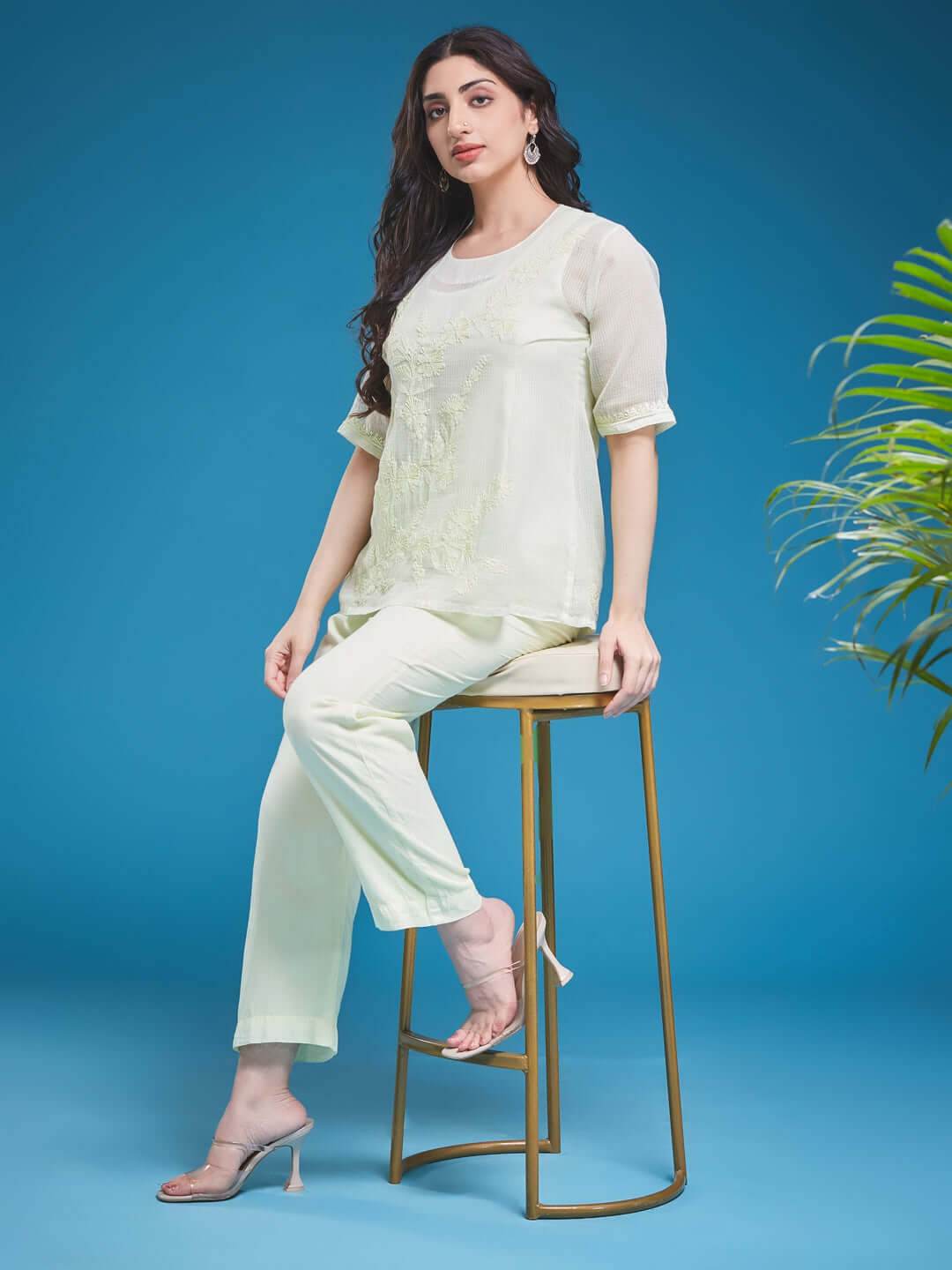ARCHI Chikankari Kota Pista Green Co-ord Set - KRI CHIKANKARI