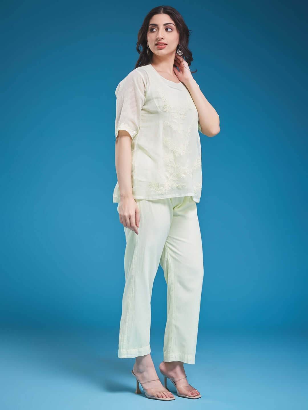 ARCHI Chikankari Kota Pista Green Co-ord Set - KRI CHIKANKARI