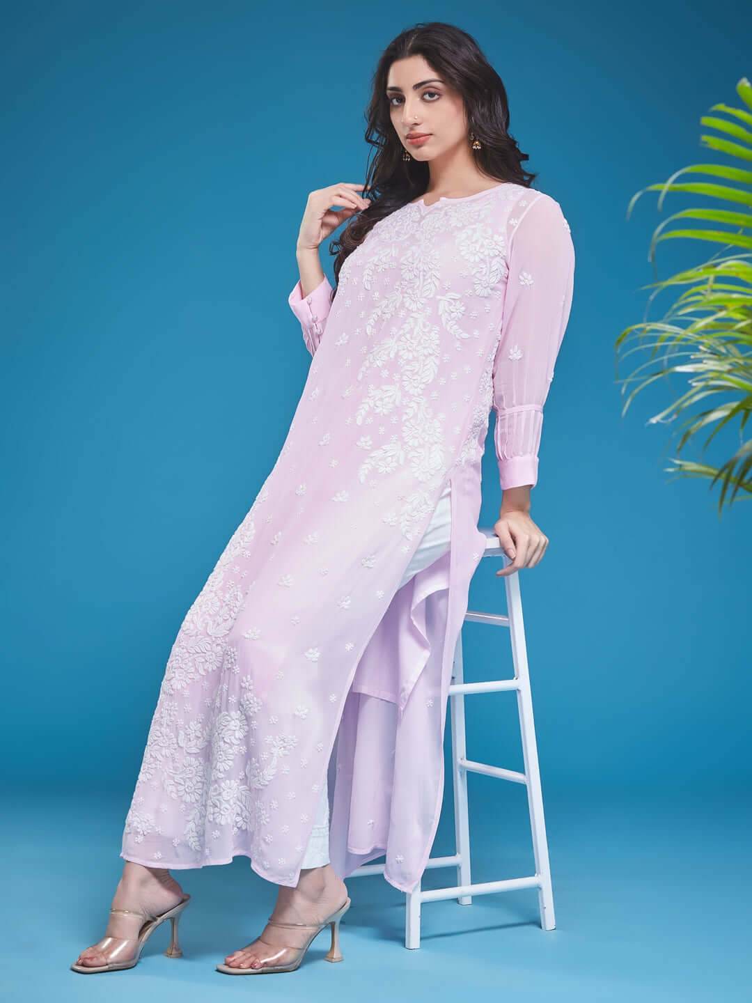 ASMA Chikankari Georgette Cuff Pleat Baby Pink Kurta - KRI CHIKANKARI