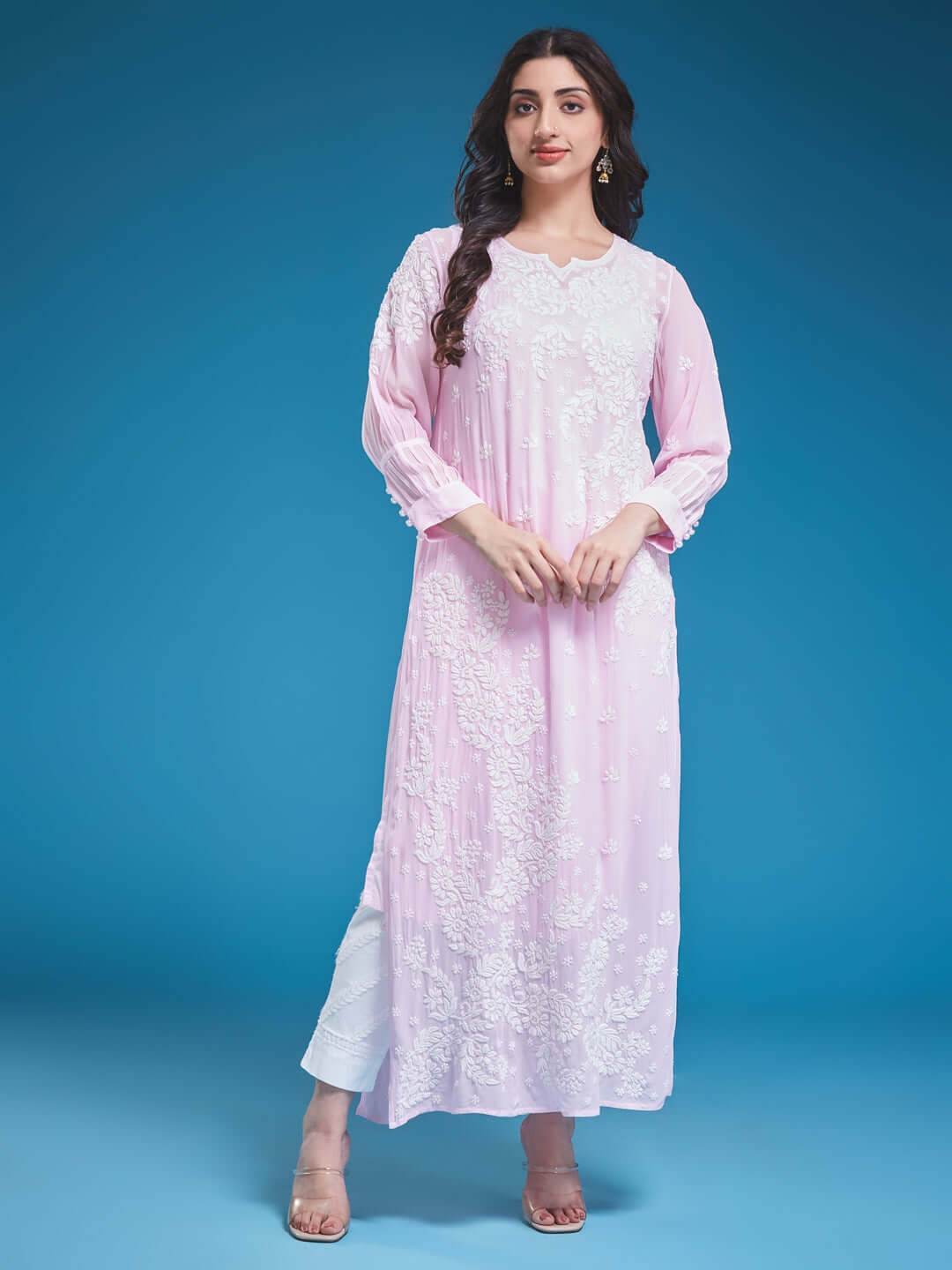 ASMA Chikankari Georgette Cuff Pleat Baby Pink Kurta - KRI CHIKANKARI