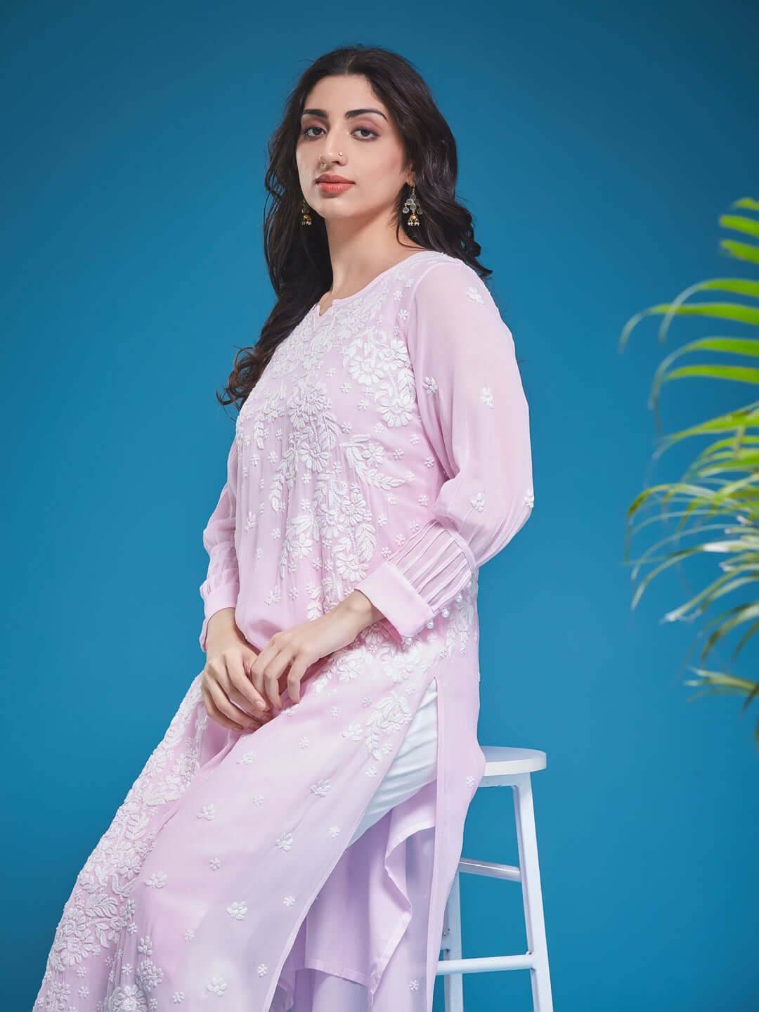 ASMA Chikankari Georgette Cuff Pleat Baby Pink Kurta - KRI CHIKANKARI