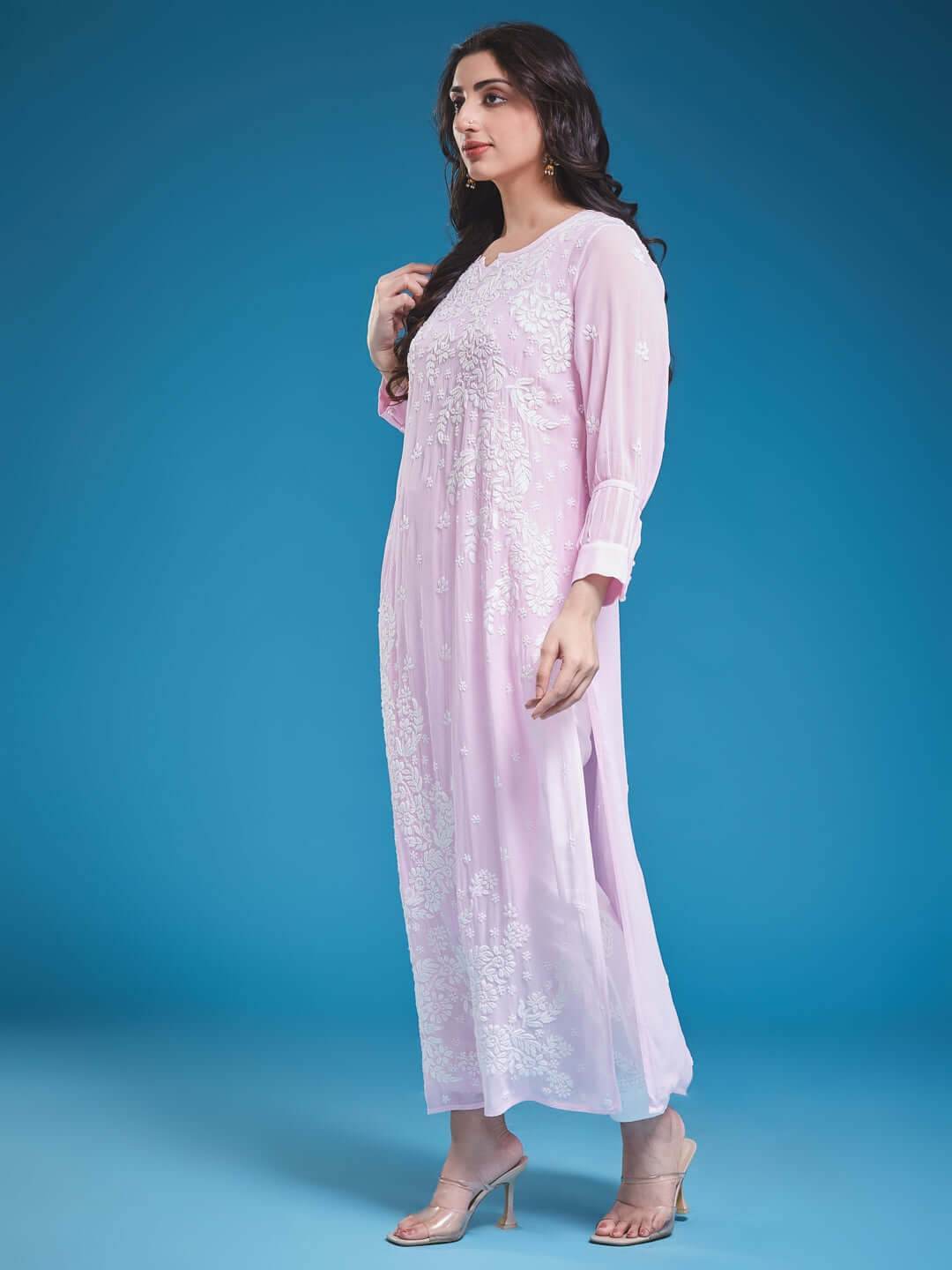 ASMA Chikankari Georgette Cuff Pleat Baby Pink Kurta - KRI CHIKANKARI