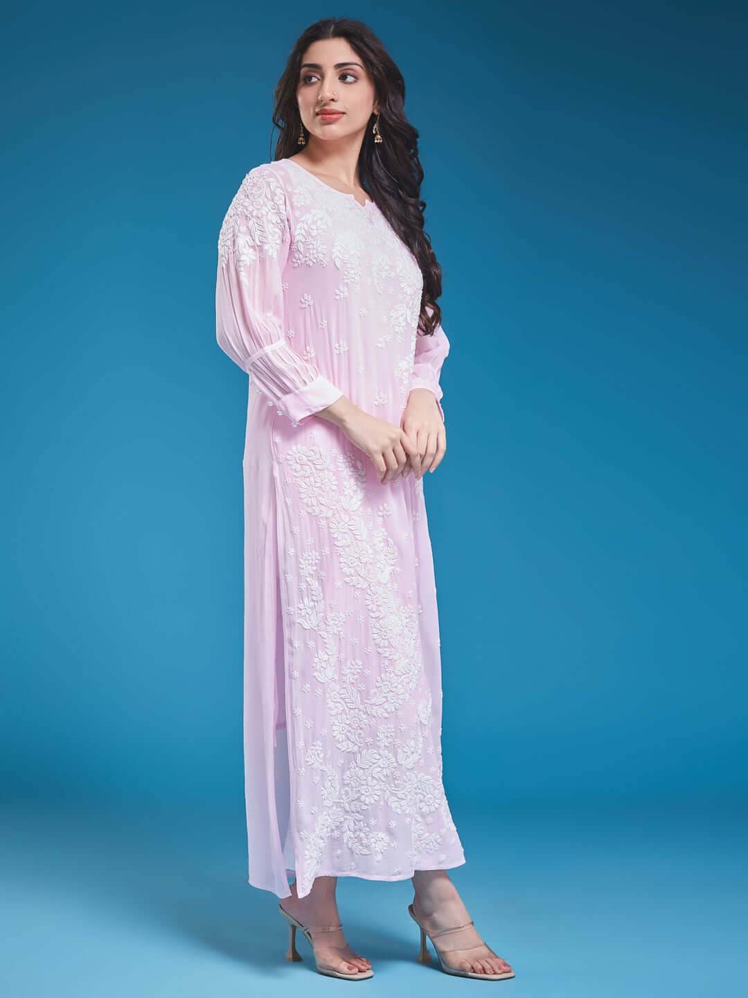 ASMA Chikankari Georgette Cuff Pleat Baby Pink Kurta - KRI CHIKANKARI