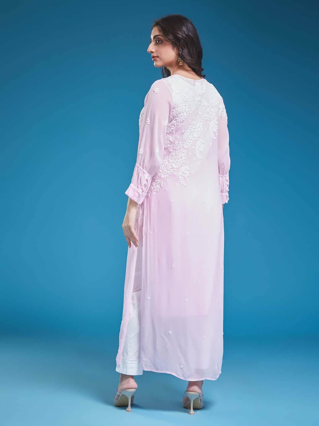 ASMA Chikankari Georgette Cuff Pleat Baby Pink Kurta - KRI CHIKANKARI
