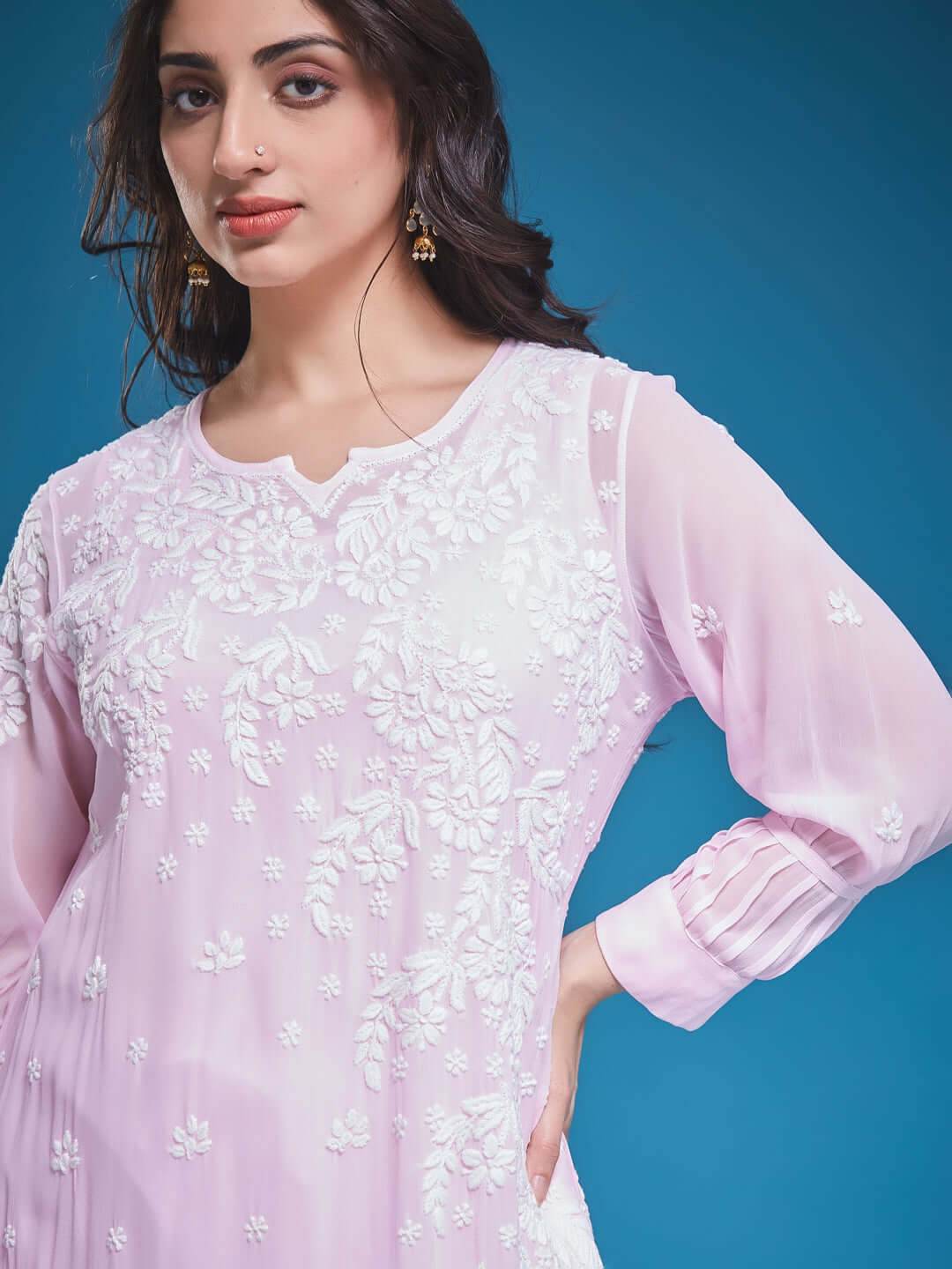 ASMA Chikankari Georgette Cuff Pleat Baby Pink Kurta - KRI CHIKANKARI